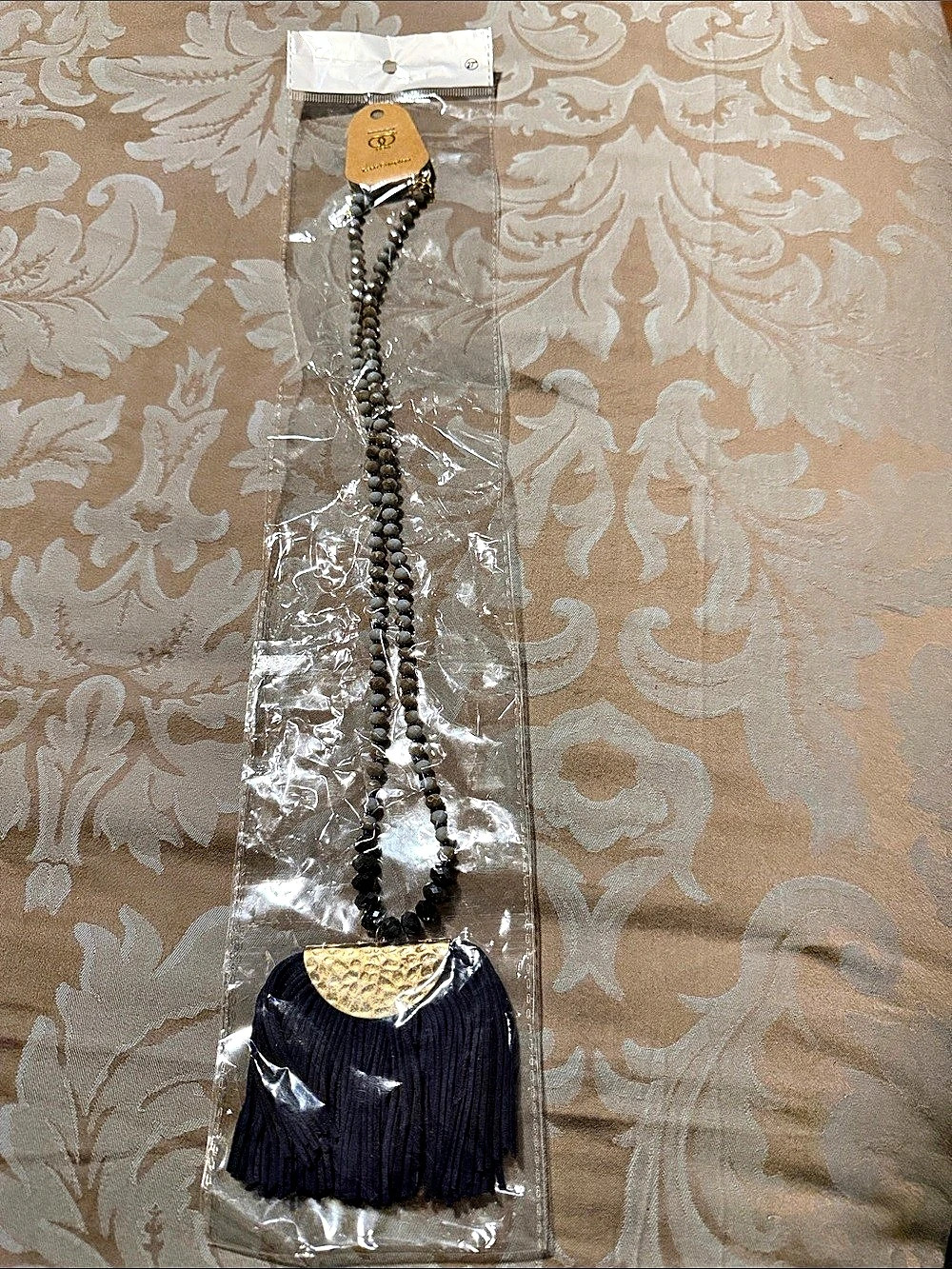 Suede Tassel w/ Bead Necklace Black & Gold NWT